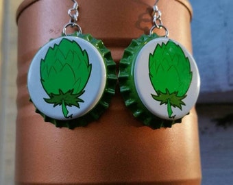 Hoppy Beer Cap Earrings, Green Hops Earrings, Saint Patricks Day, Bottle Cap Earring, Beer Jewelry, Fun Gift for Brewers, Bartender Jewelry