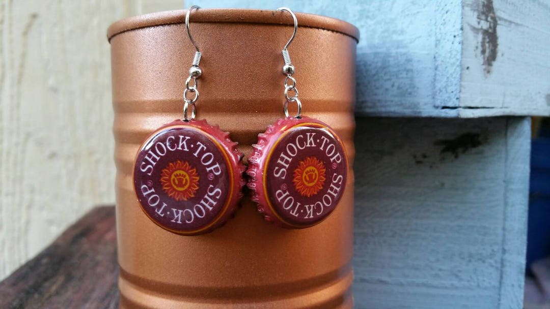 Shock Top Beer Cap Earring, Maroon Cap, Bottle Cap Earrings, Beer Cap