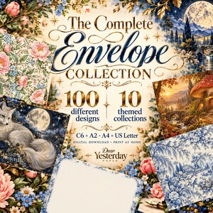 May include: A digital download collection titled The Complete Envelope Collection featuring 100 different designs across 10 themed sets. Includes C6, A2, A4, and US Letter sizes with floral, fox, moon, and landscape illustrations by Dear Yesterday Paper.