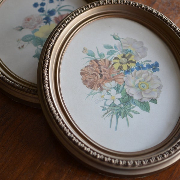 Vintage Pair of Oval Floral Prints in Gold Frames Botanical Style