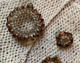 Brooch and Earring Set Vintage Amber snd Rhinestone