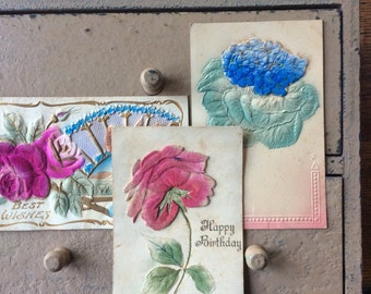Postcards Antique Set of Three Flocked And Embossed