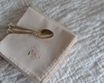 Set of Six Matching Luncheon Napkins with Embroidered Pink Flower