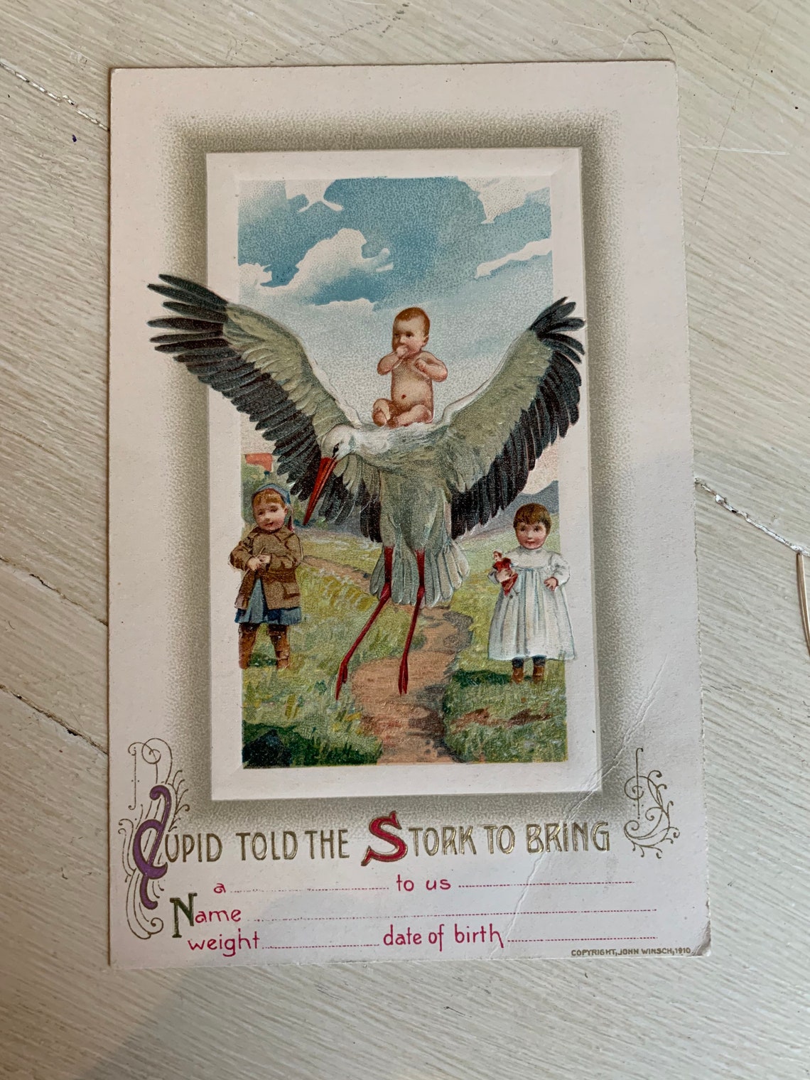 Vintage Postcard Birth Announcement Cupid told Stork Etsy