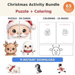 Puede incluir: Un paquete de actividades navideñas con 65 tarjetas y páginas, que incluye 50 tarjetas de rompecabezas con ilustraciones de Santa, un reno y un muñeco de nieve, además de 15 páginas para colorear. El set incluye una etiqueta de descarga instantánea y gráficos de un oso polar, un pingüino y un cascanueces.