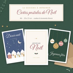 Printable Christmas postcards, 12 pastel greeting cards, elegant A6 and 10x15 Merry Christmas cards, Christmas stationery, French PDF