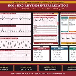 ECG EKG Rhythm Strip Interpretation Guide PDF, 12 Lead Stemi, Acls Pocket Reference, 24 Printable Rn Badge Cards & 25 Practice Strips