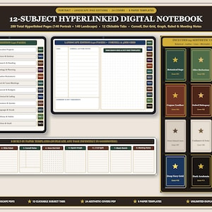 12-Subject Hyperlinked Digital Notebook Bundle iPad GoodNotes, 12 Clickable Divider Tabs, 24 Aesthetic Covers, Cornell, Grid & Ruled PDF