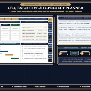 May include: A digital CEO, Executive & 12-Project Planner featuring 148 hyperlinked iPad pages, 12 project portals, Kanban and Gantt boards, an OKR goal roadmap, client CRM, P&L ledger, and 100 stickers. Includes a 40-page fillable project brief.