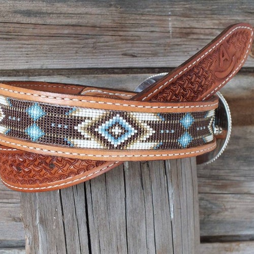 Western Leather Beaded Belt Etsy