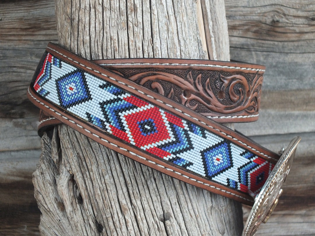 7131 Western Tooled Leather Beaded Belt For Men And Women Western Beaded Full Grain Leather Cowboy Cowgirl Tooled Belt  main image 3