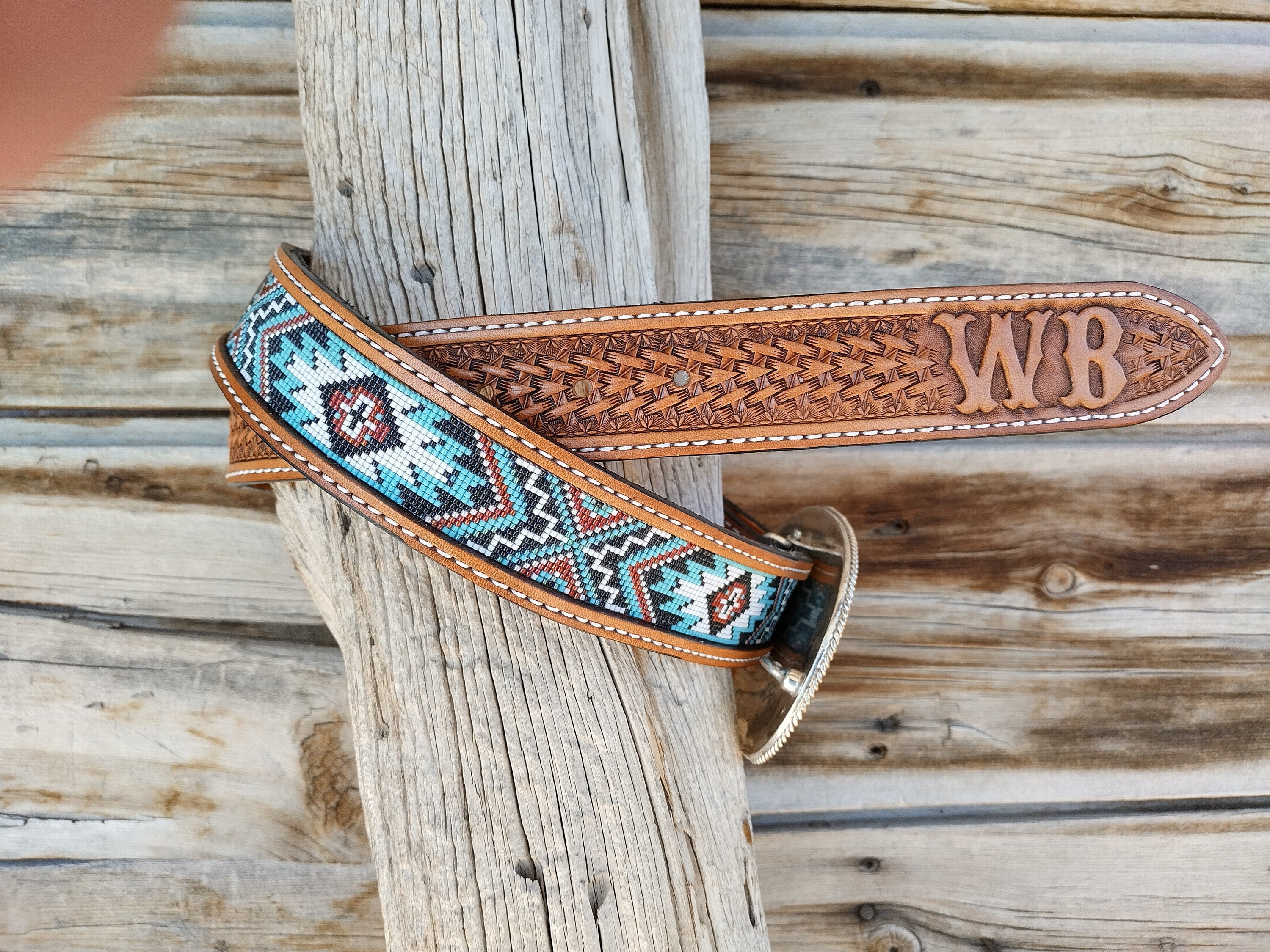 Western Leather Beaded Belt Etsy