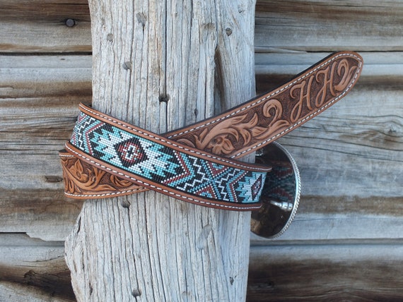 Western Leather Inlay Beaded Belt - Etsy display picture 3