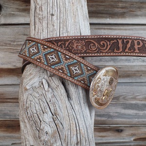 Western Leather Inlay Beaded Belt - Etsy