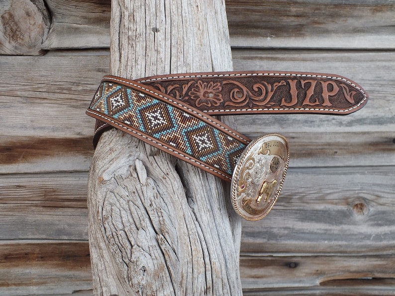 Western Leather Inlay Beaded Belt image 4