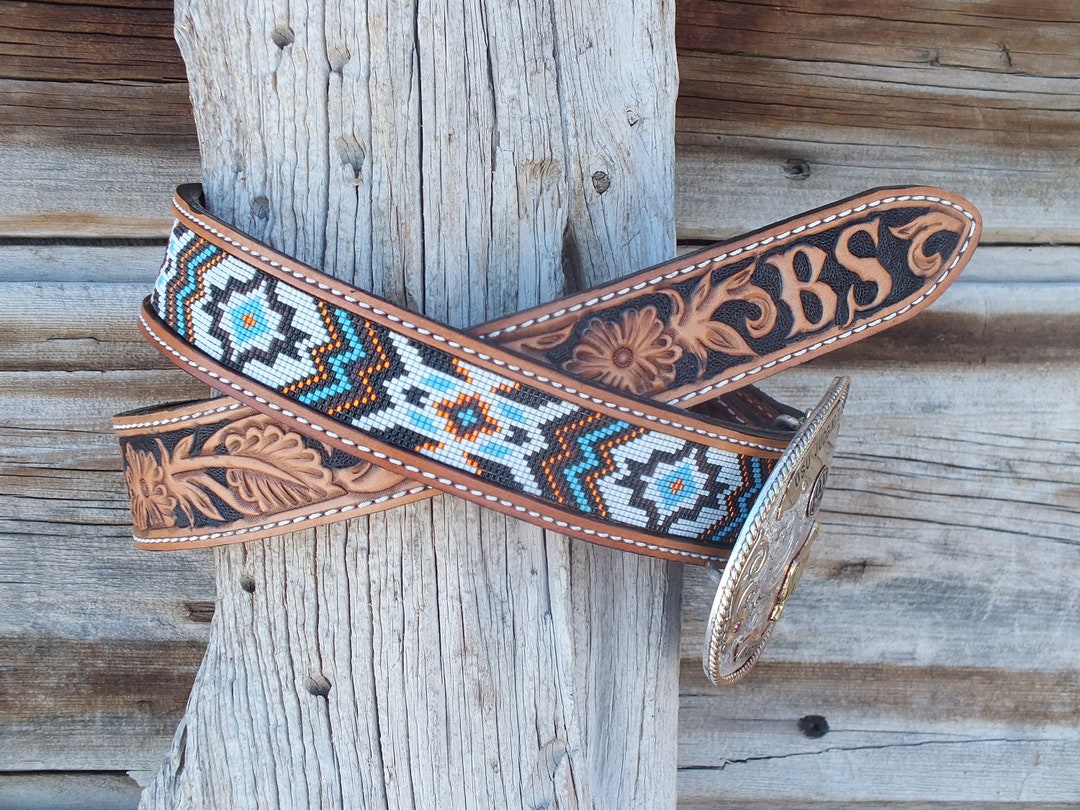 Western Leather Beaded Belt - Etsy display picture 2