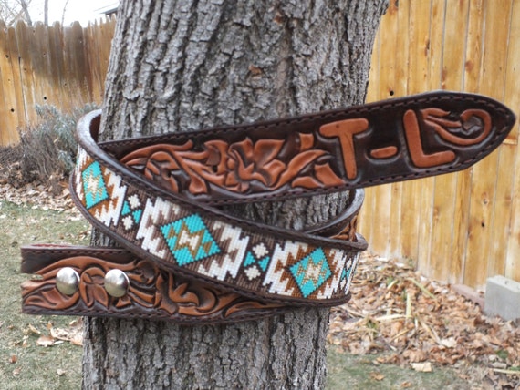 Western Leather Inlay Beaded Belt - Etsy display picture 1