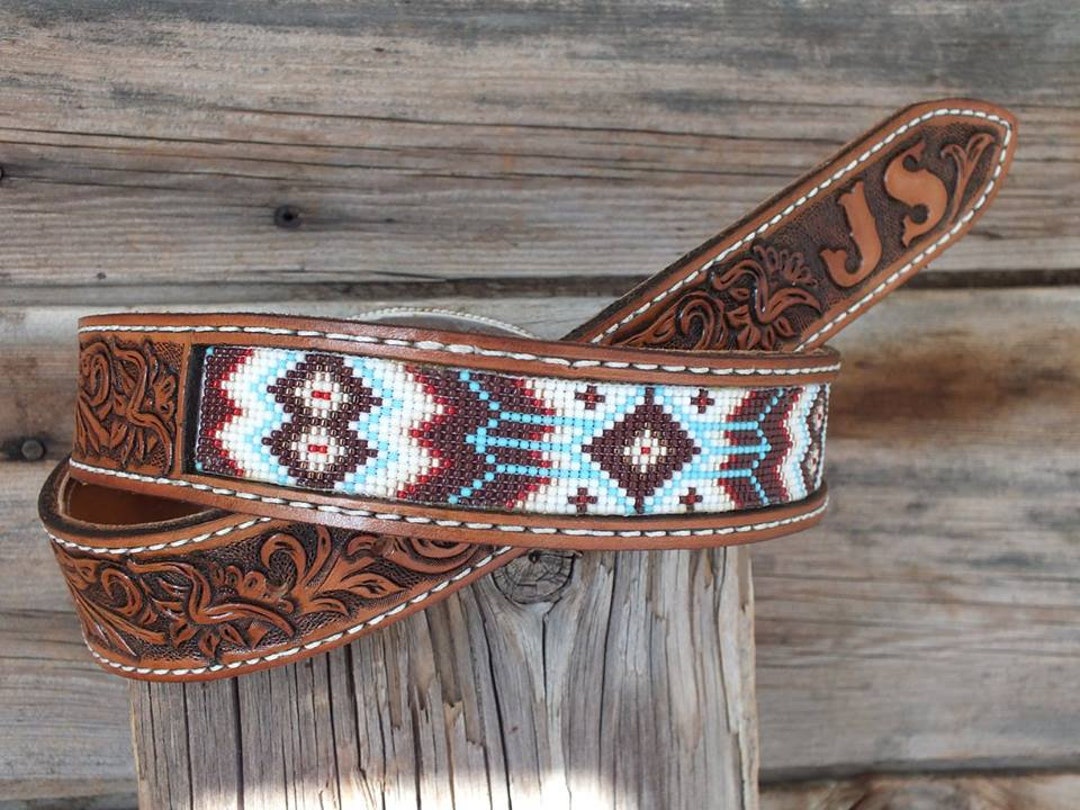 Western Leather Beaded Belt Etsy