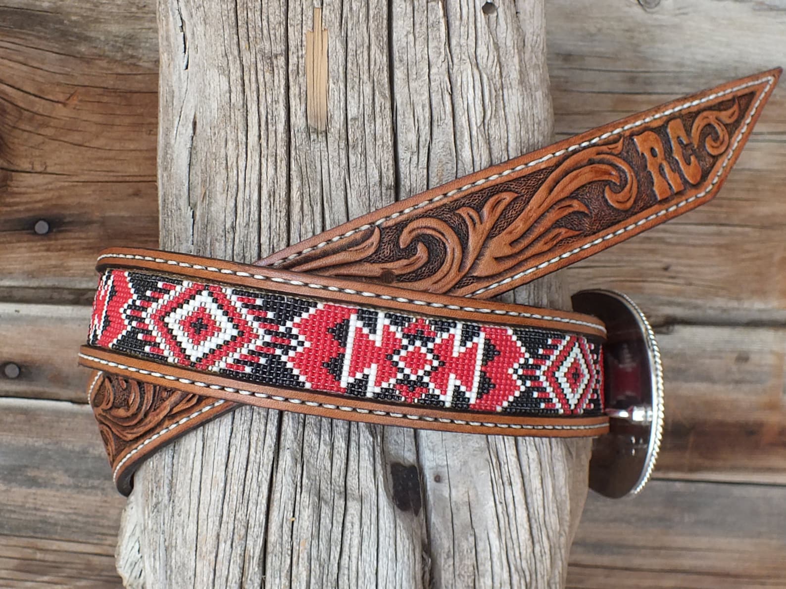 Leather Beaded Inlay Belt Etsy