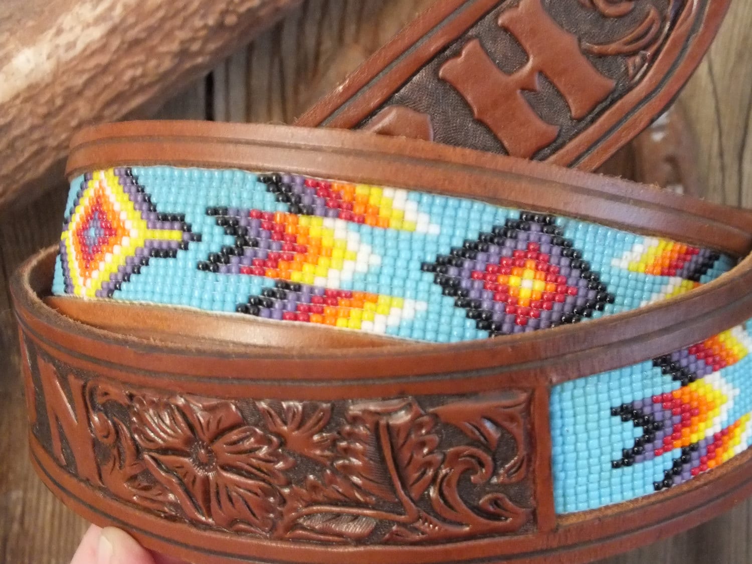 Western Leather Inlay Beaded Belt