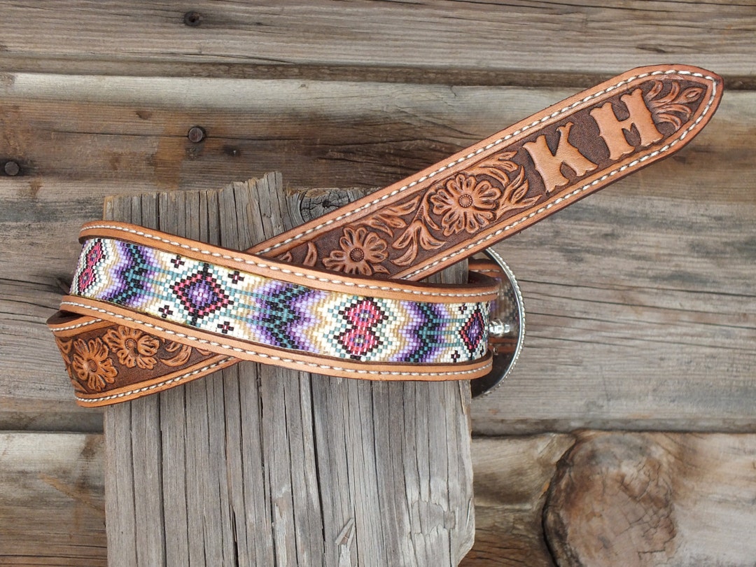Western Leather Inlay Beaded Belt Etsy