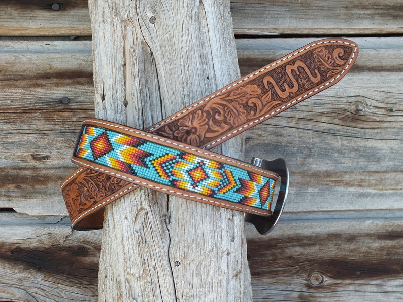 Western Leather Beaded Belt Etsy