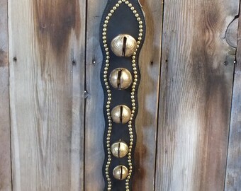 Black Leather Sleigh Brass Bell Door Strap