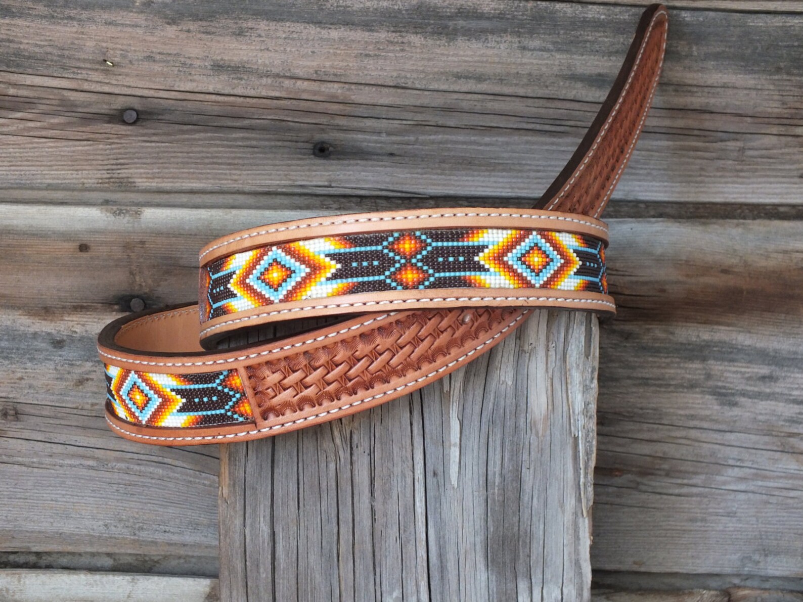 Leather Inlay Beaded Belt Etsy