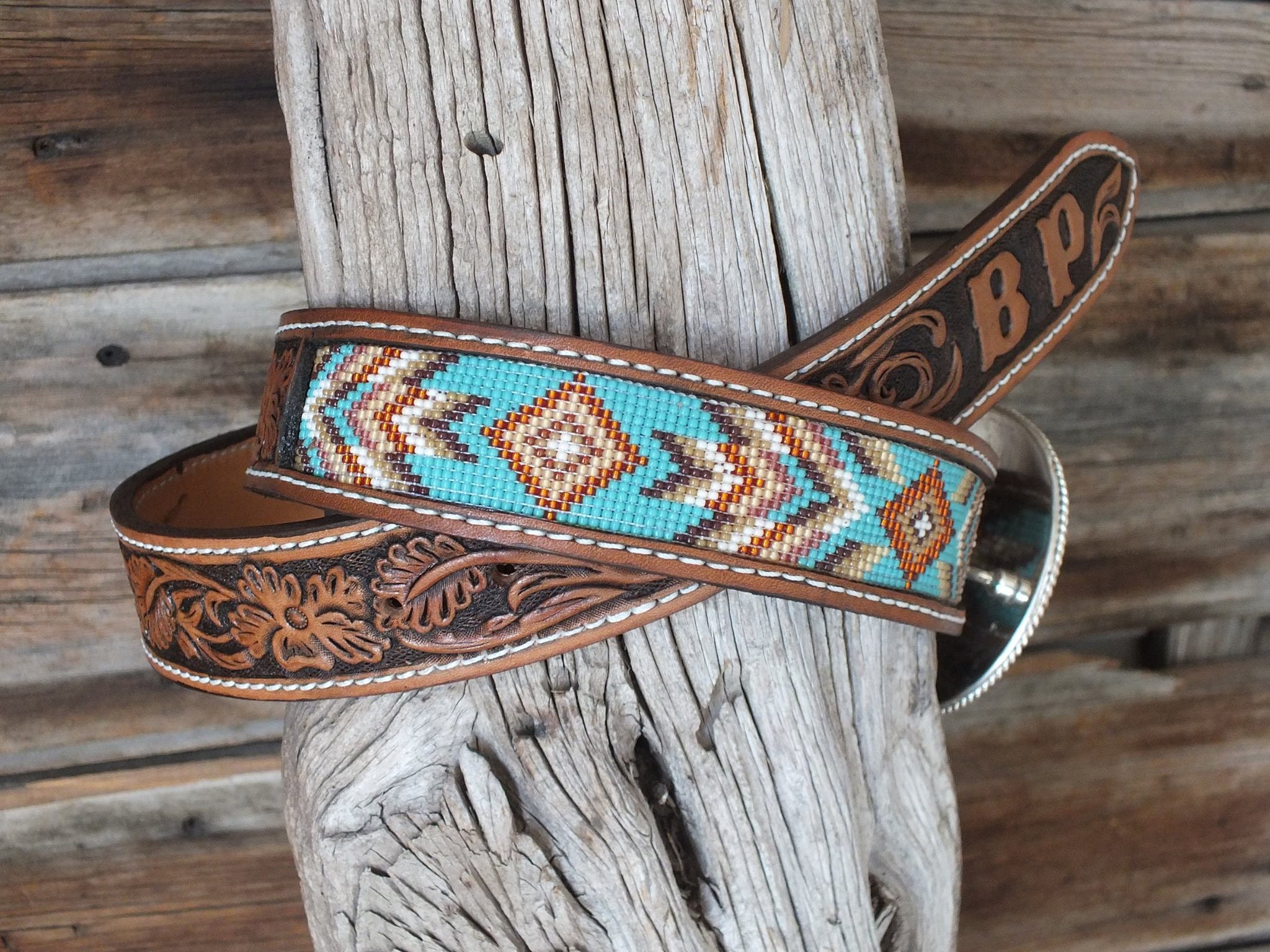 5132 Western Tooled Leather Beaded Belt For Men And Women Amazon.com: American Darling Small Hand Tooled Brown Genuine  main image 4