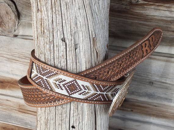 Western Leather Beaded Belt | Etsy