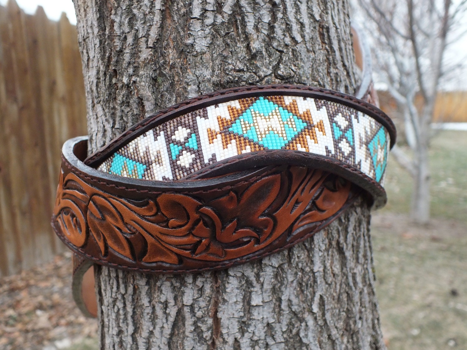 Western Leather Inlay Beaded Belt - Etsy display picture 1