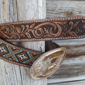 Western Leather Inlay Beaded Belt image 3