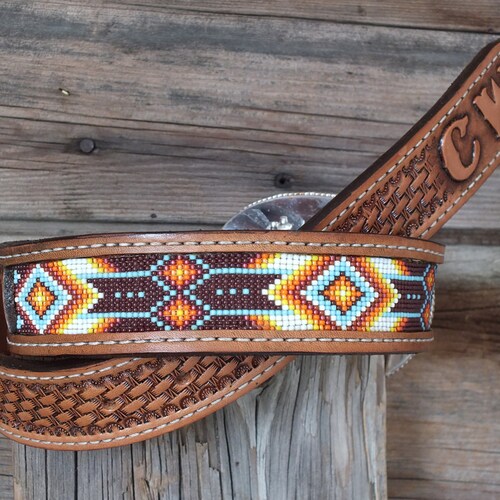 Western Leather Beaded Belt Etsy