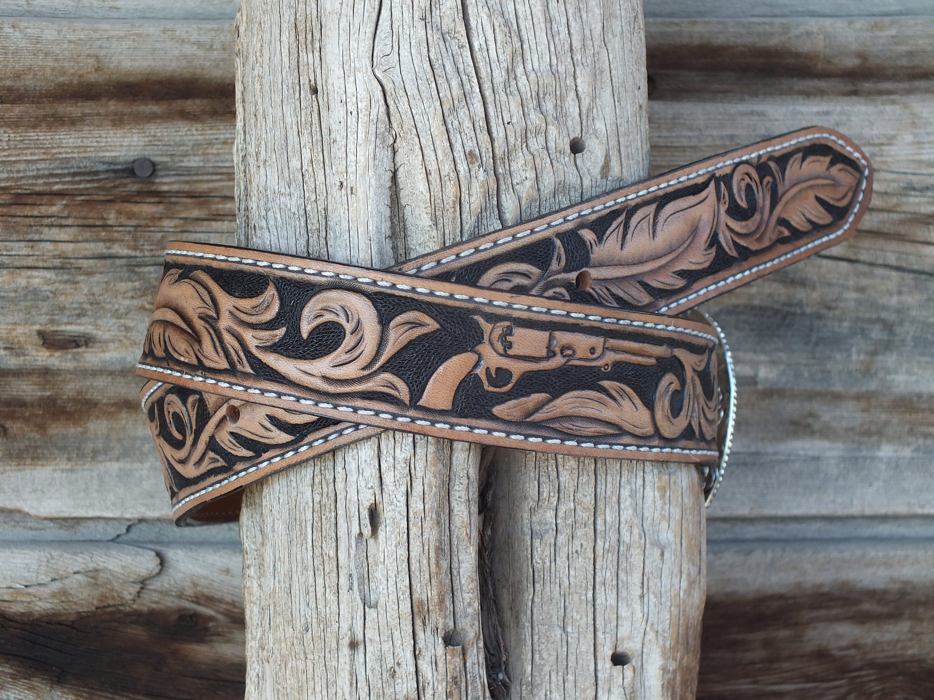 Western Hand Tooled Leather Belt Etsy