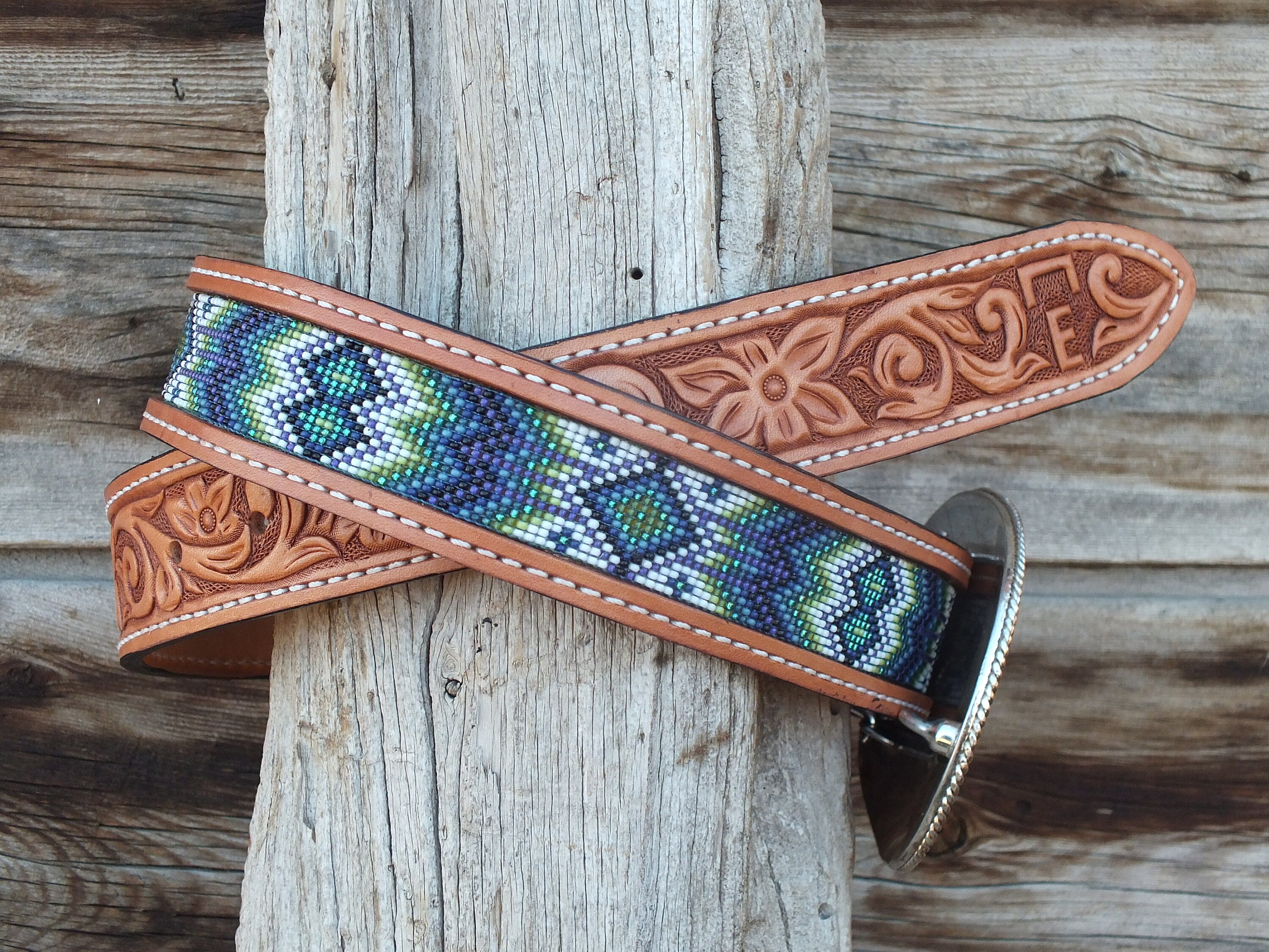 Leather Beaded Western Belt Etsy
