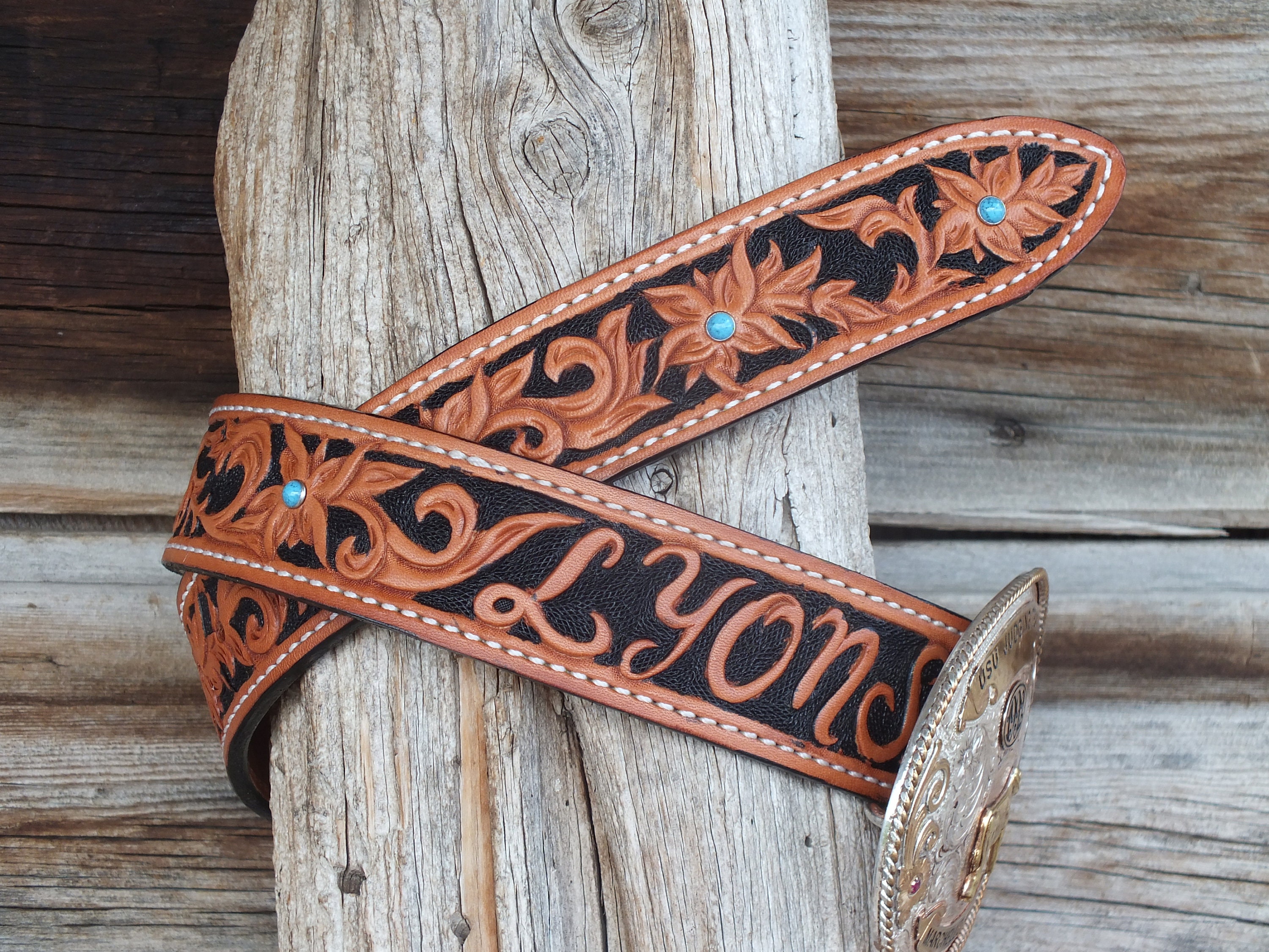 Western Hand Tooled Leather Belt - Etsy display picture 3