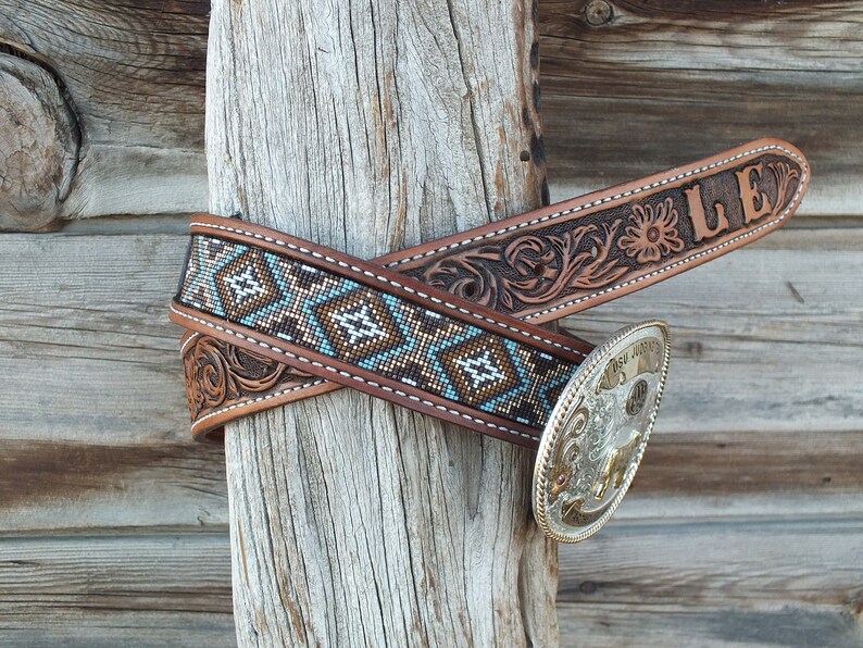 Western Leather Inlay Beaded Belt image 2