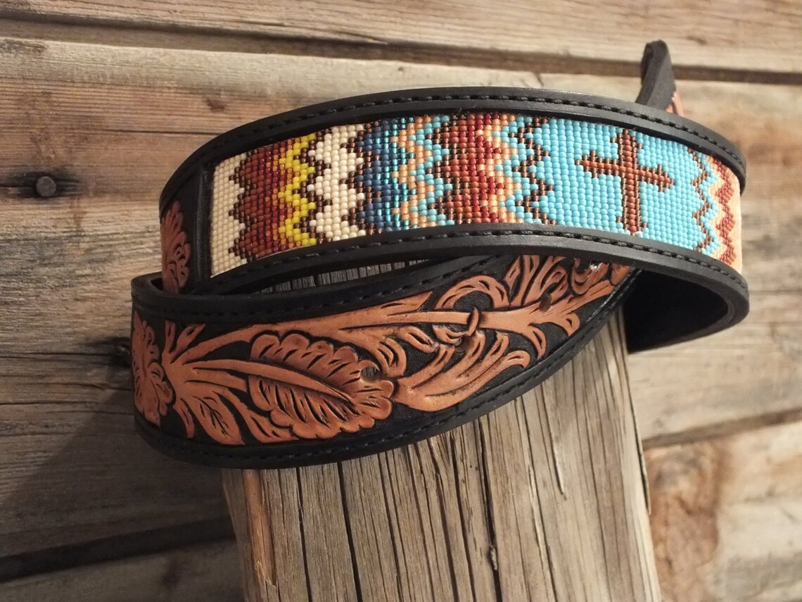 Leather Inlay Beaded Belt Etsy