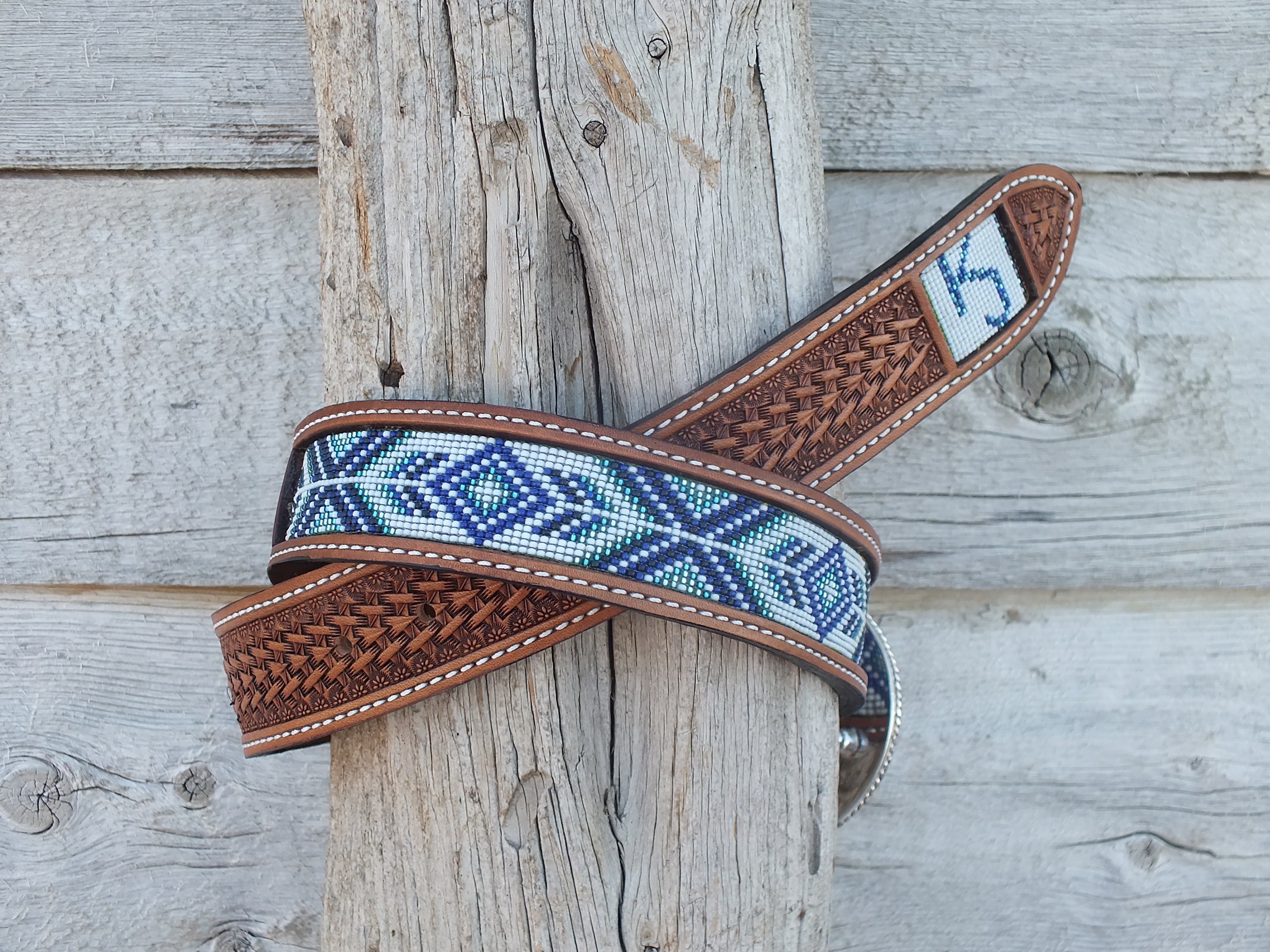 Multi-Color Southwestern Handcrafted Beaded Belt With Wooden Buckle Multi Blue Beaded 2” Belt + San Judas Buckle Set – Roman  main image 2