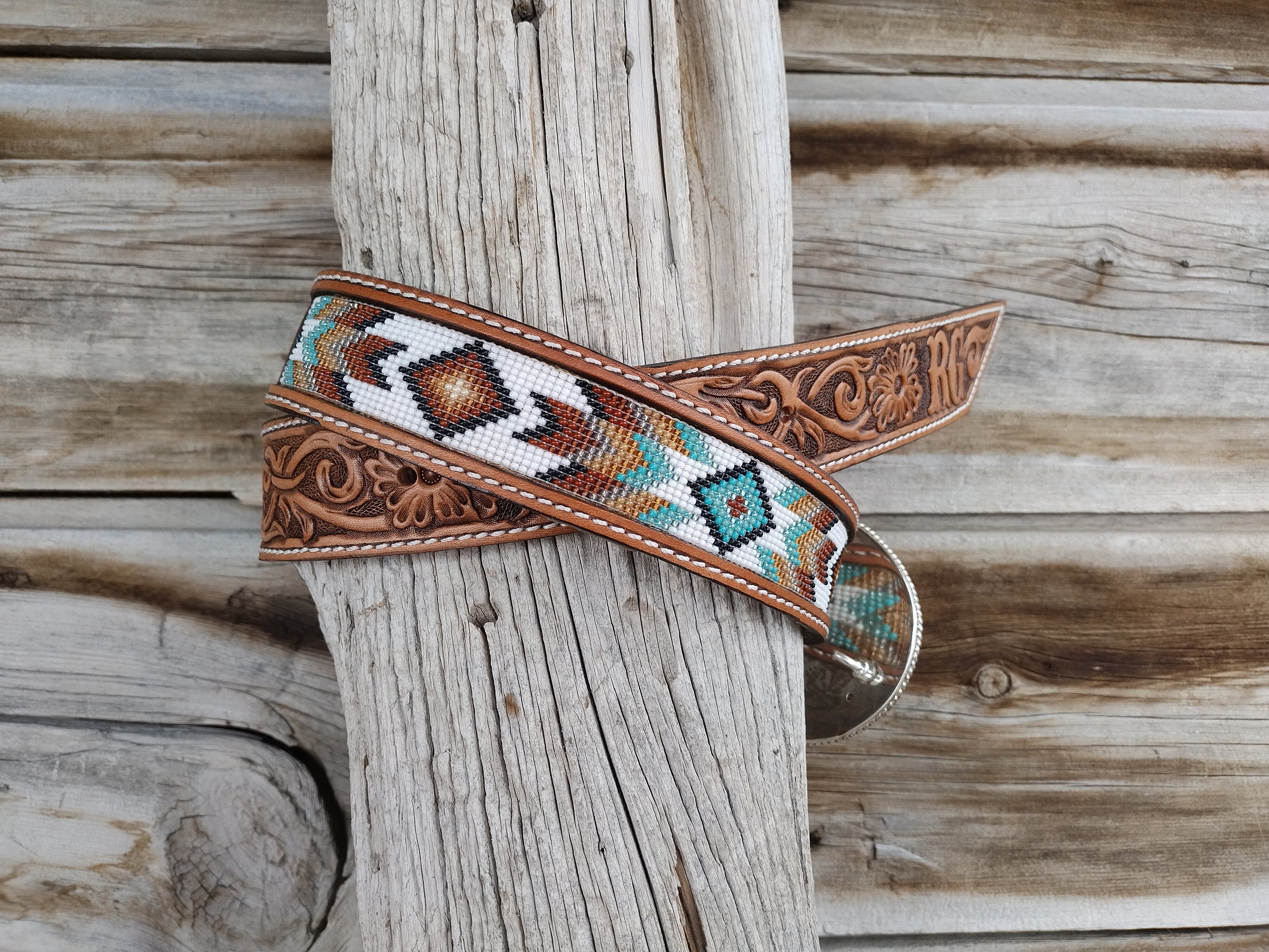 Huichol Colorful Bead Art Mexican Folk Art Leather Belt W. Statemen Buckle. \'91 Mexican Beaded Belt - Etsy main image 4
