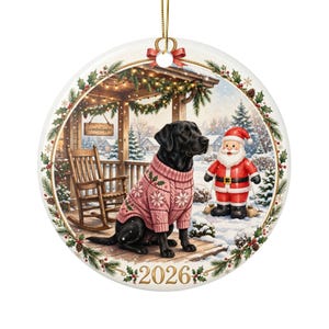 May include: A round ceramic ornament featuring a black Labrador wearing a pink snowflake sweater, sitting on a porch next to a rocking chair and a Santa Claus figurine. The text GrimsbyGigglin is on a sign, and 2026 is at the bottom.