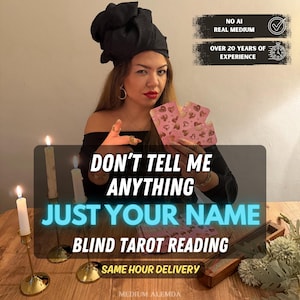 May include: A person wearing a black headwrap and black top holds three pink tarot cards with heart patterns. Text reads: NO AI REAL MEDIUM, OVER 20 YEARS OF EXPERIENCE, DON'T TELL ME ANYTHING JUST YOUR NAME, BLIND TAROT READING, SAME HOUR DELIVERY.