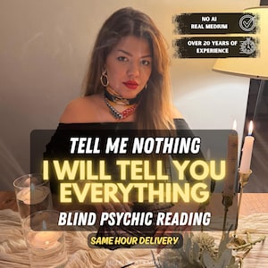 May include: A person with long brown hair wearing a black off-the-shoulder top and a patterned neck scarf. Text overlays read: NO AI REAL MEDIUM, OVER 20 YEARS OF EXPERIENCE, TELL ME NOTHING I WILL TELL YOU EVERYTHING, BLIND PSYCHIC READING.