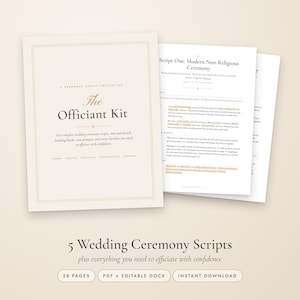 May include: A digital wedding officiant kit featuring a cover page titled The Officiant Kit and multiple pages of ceremony scripts. The document includes five complete wedding ceremony scripts, mix-and-match building blocks, and checklists.