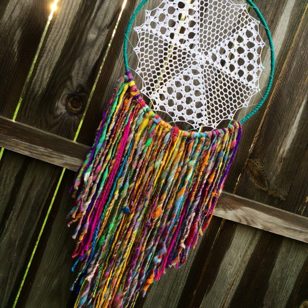 Gypsy chic rainbow hand spun yarn dreamcatcher home, cottage, wall decor x-large