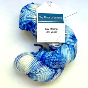 May include: A skein of Wy'East Woolens SW Merino yarn in shades of blue and white. The yarn is twisted into a compact shape, with a tag attached that reads "Wy'East Woolens" and "SW Merino 200 yards."