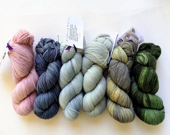 May include: Six skeins of fingering weight merino yarn arranged in a row. The colors from left to right are light pink, dark blue, pale blue, light mint green, variegated yellow and gray, and dark forest green. Each skein has a white paper tag.