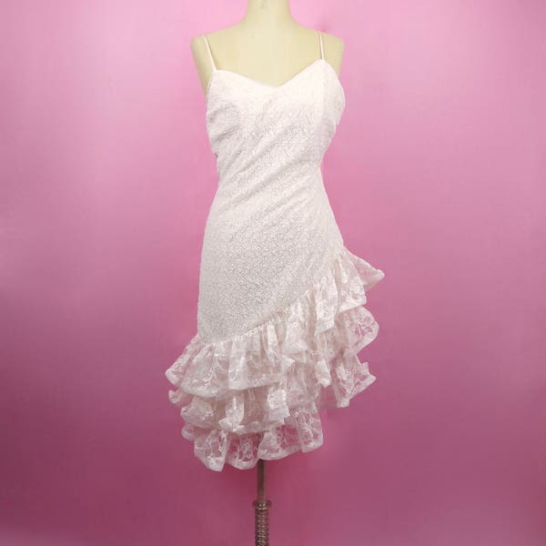 VTG 80s, 90s Light Pink Lace and Ruffle Cocktail Party Dress S, Retro,
