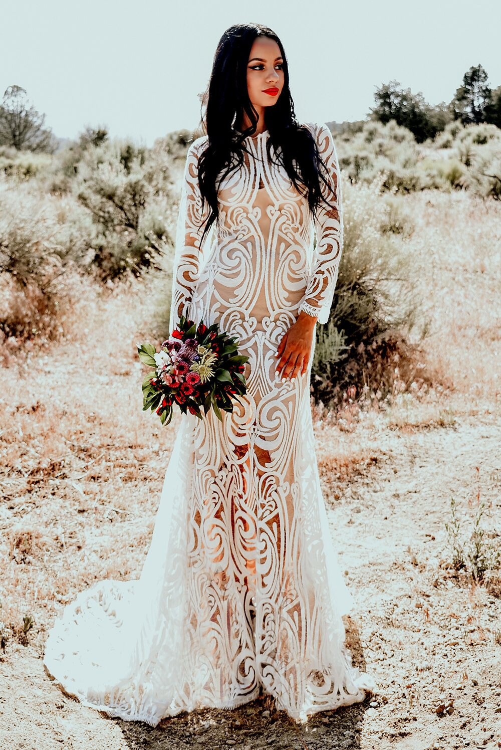 Sirene Shiny Sequined Boho Chic Beach Ribbon Bows Wedding Bridal Sweep Train Dress White / 12