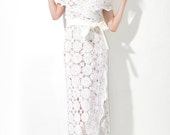 VTG 70s Sheer Crochet Lace Wedding Wrap Around Hippie Boho Maxi Dress